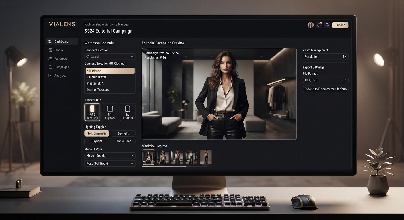 ViaLens Fashion Studio wardrobe manager displaying clothing selection, model settings, and editorial fashion campaign preview