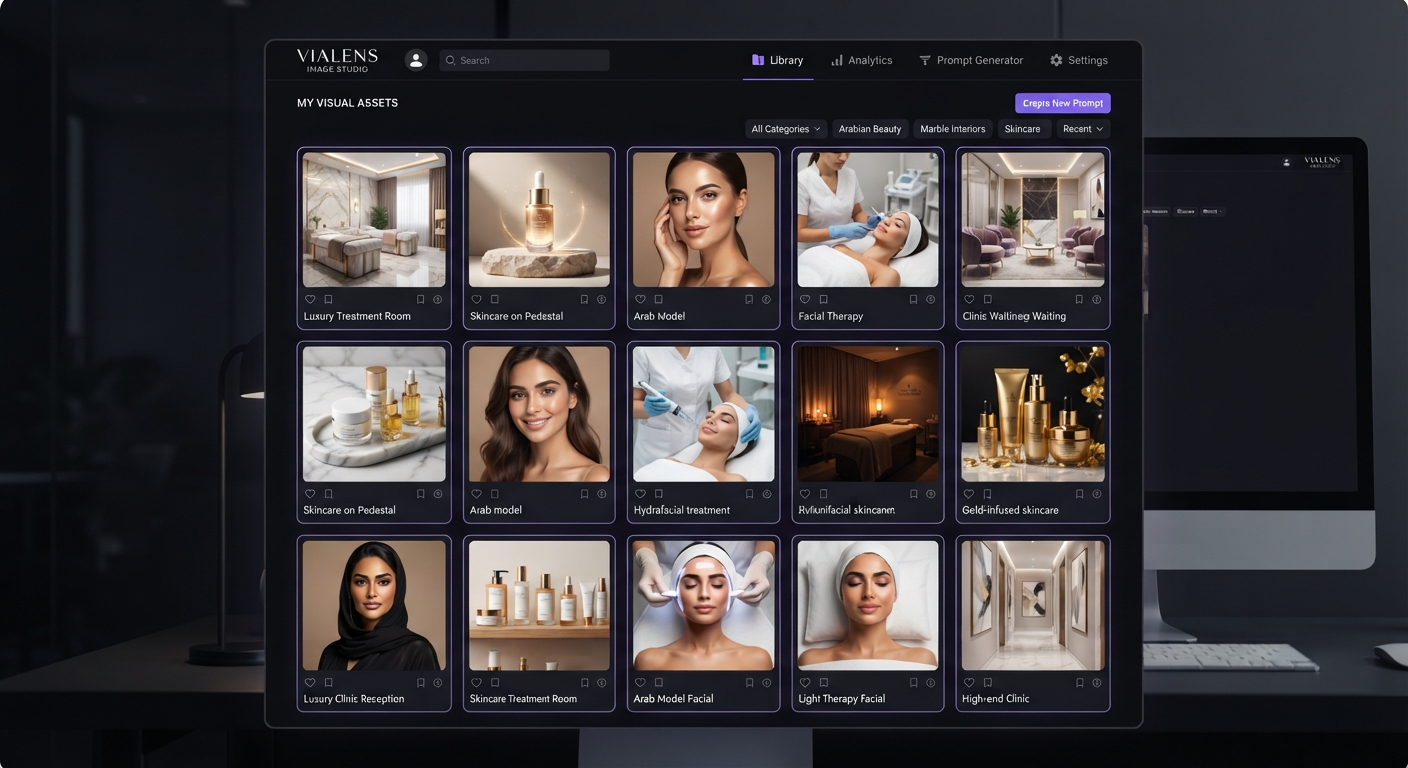Grid presentation of 15 AI beauty clinic prompts showing luxury treatment rooms, skincare products, and Arab model portraits in ViaLens