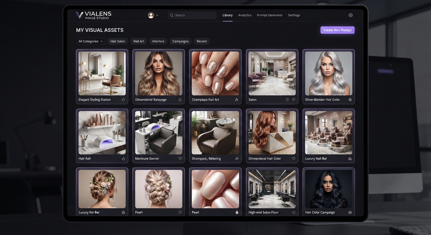 Grid presentation of 15 AI beauty salon prompts showing luxury hair styling, modern salon interiors, and beauty portraits in ViaLens