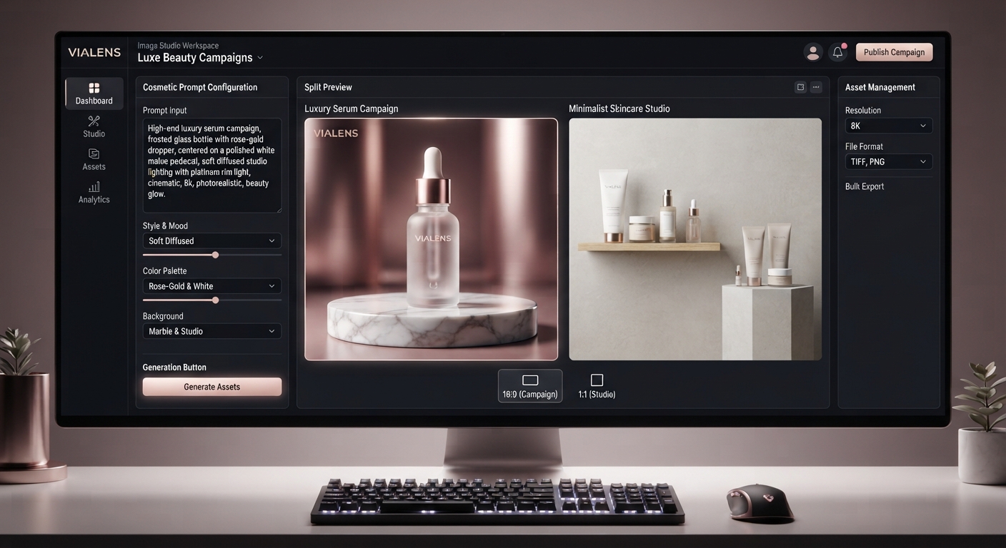 ViaLens Image Studio workspace displaying luxury cosmetic campaign prompts, skincare product settings, and editorial beauty preview