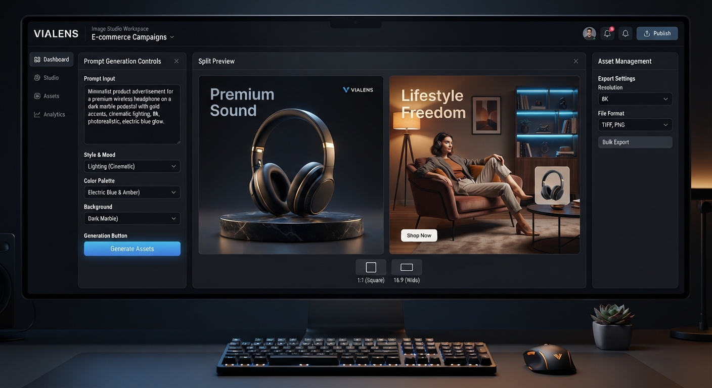 ViaLens Image Studio dashboard displaying e-commerce product hero campaign, lifestyle scenes, and minimal advertising visual settings