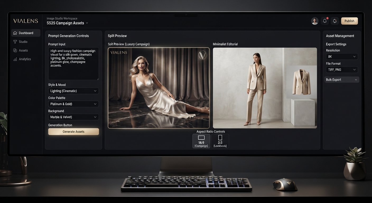 ViaLens Image Studio dashboard displaying fashion campaign visuals, editorial lookbook settings, and minimalist clothing campaign preview