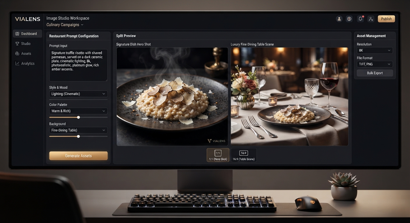 ViaLens Image Studio workspace displaying restaurant campaign prompts, signature dish settings, and fine-dining table preview
