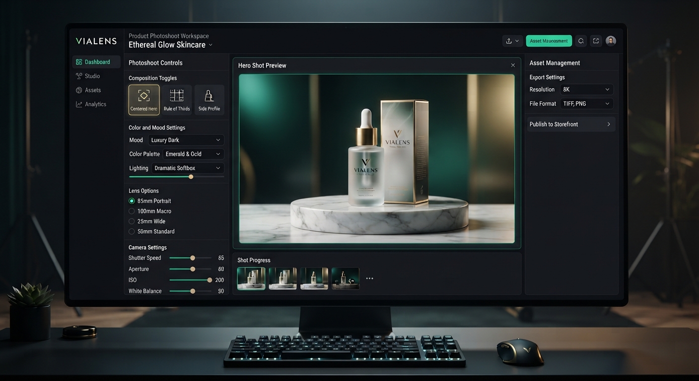 ViaLens Product Photoshoot dashboard showing advanced camera controls, luxury dark lighting, and skincare product hero render
