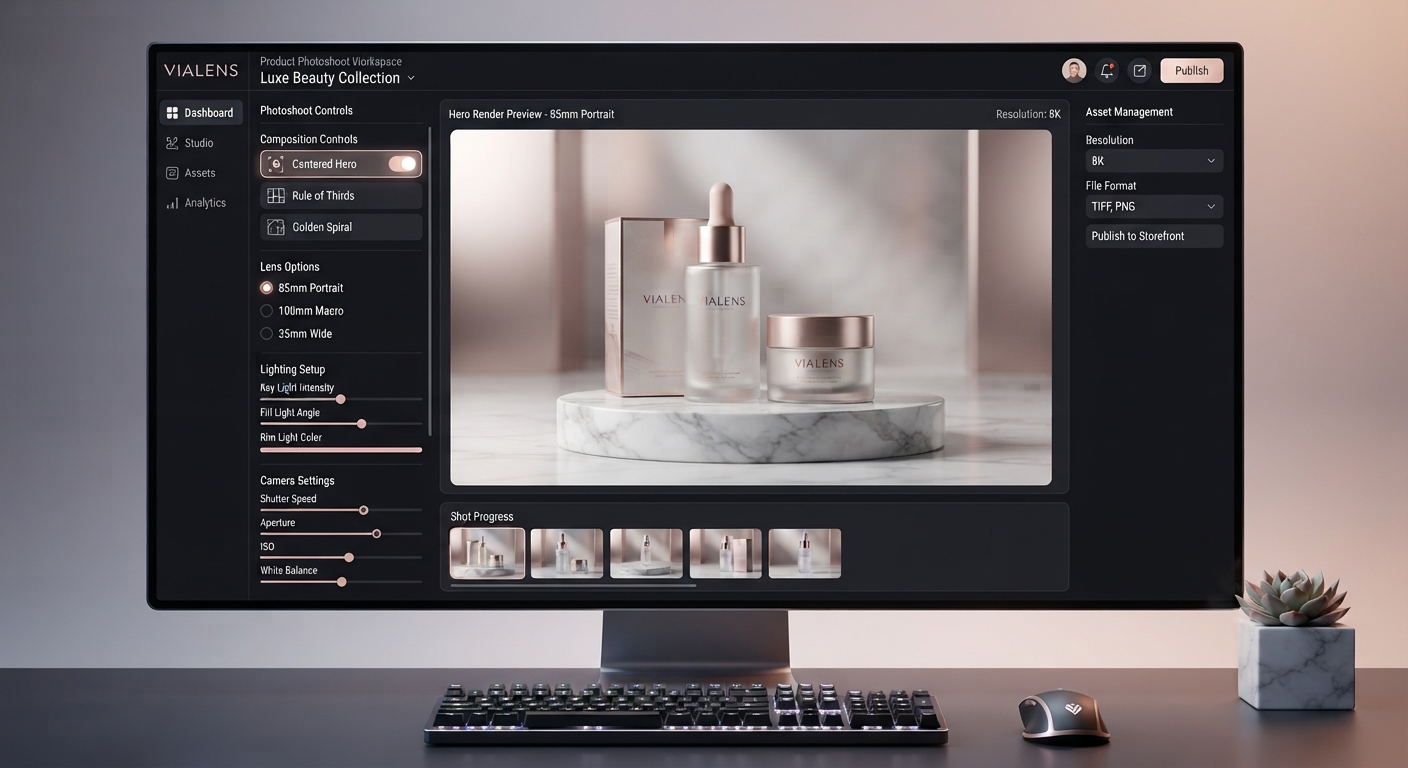 ViaLens Product Photoshoot workspace displaying advanced camera controls, luxury marble surfaces, and e-commerce cosmetics hero render
