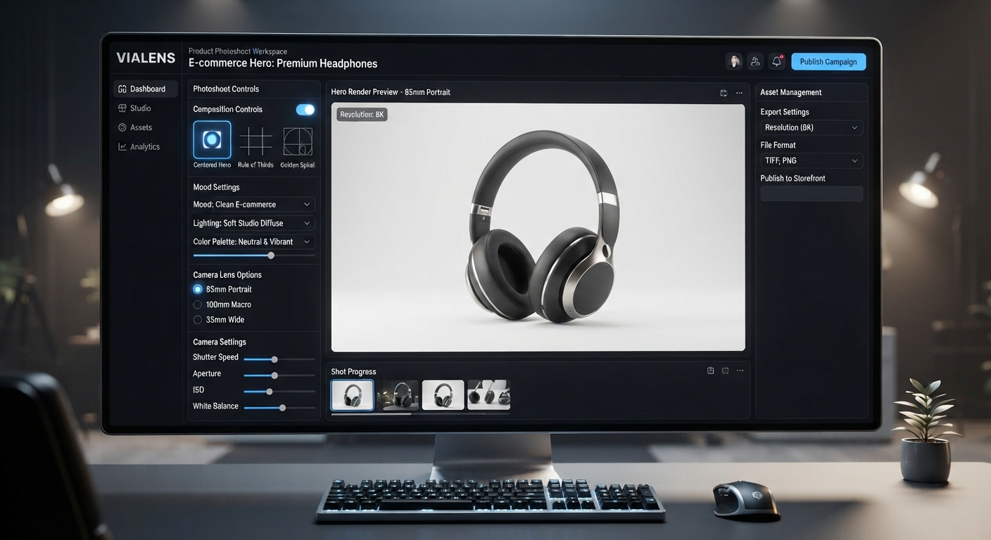 ViaLens Product Photoshoot workspace displaying advanced camera controls, luxury lighting, and e-commerce product hero render