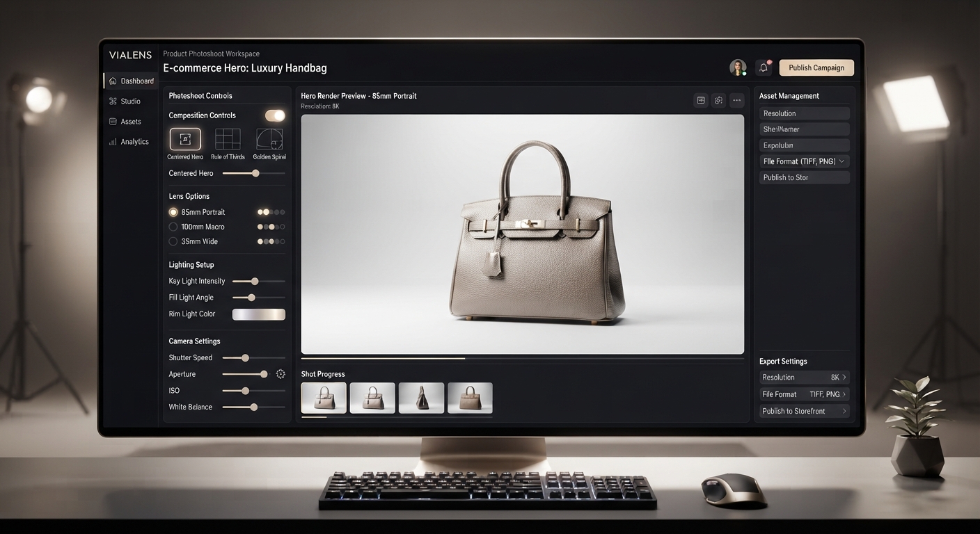 ViaLens Product Photoshoot workspace displaying advanced camera controls, luxury lighting, and e-commerce fashion product hero render