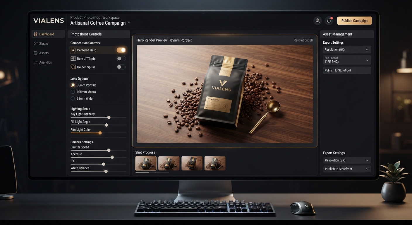 ViaLens Product Photoshoot workspace displaying advanced camera controls, artisanal café surfaces, and packaged food hero render