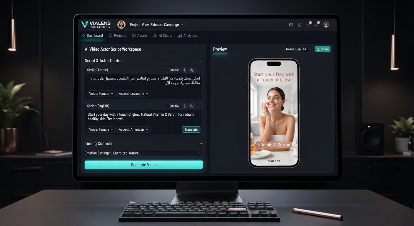 ViaLens UGC Factory video creation dashboard showing AI actor script workspace and skincare UGC mobile preview