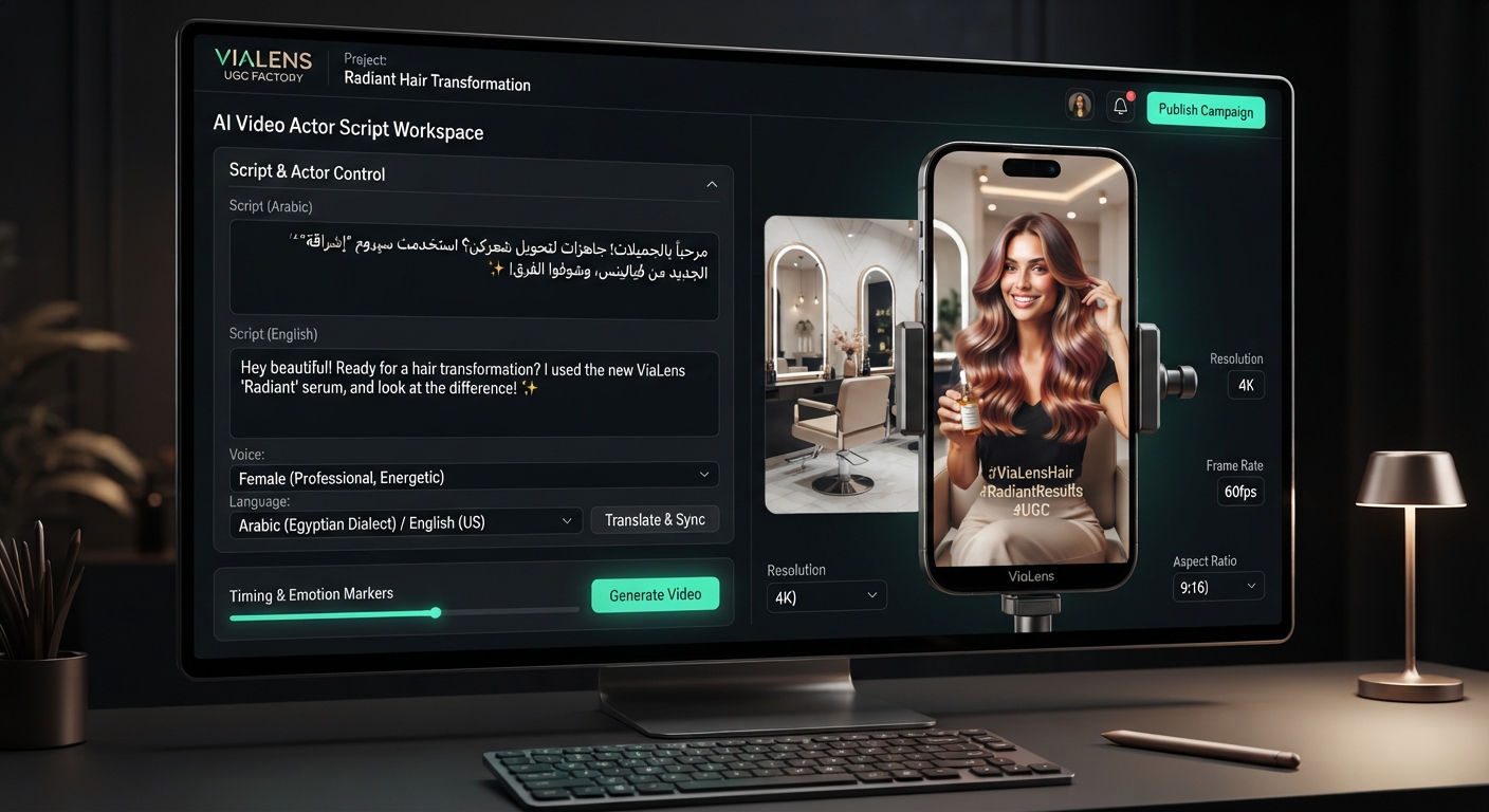 ViaLens UGC Factory workspace displaying AI video creator script editor and salon hair service mobile preview