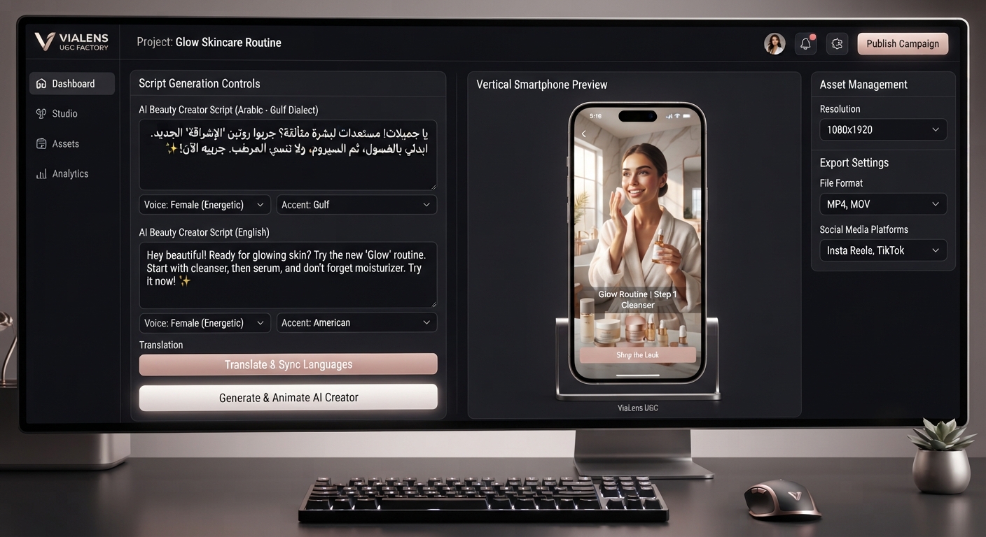 ViaLens UGC Factory workspace displaying AI beauty avatar script editor, skincare video controls, and mobile preview