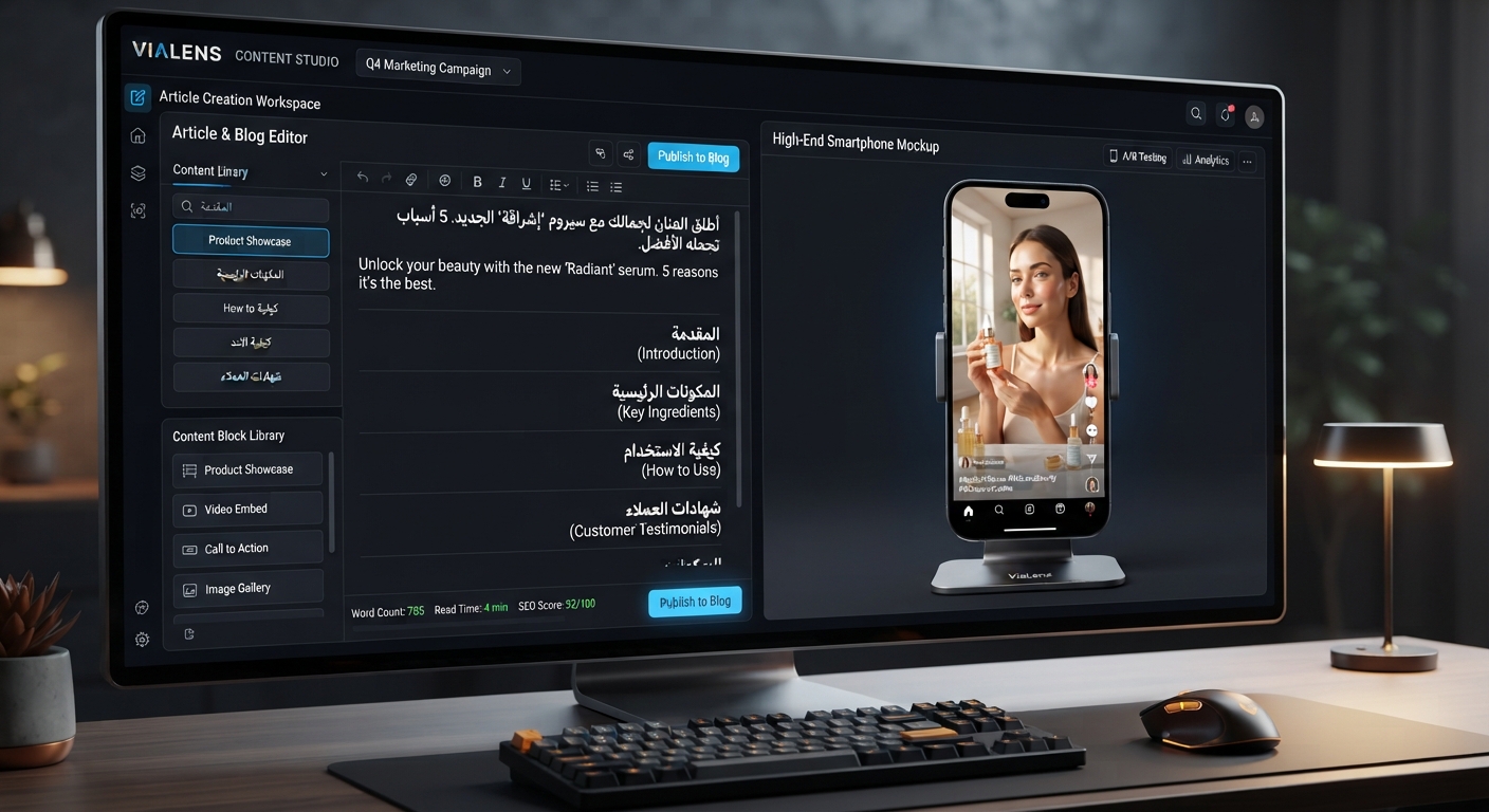 ViaLens UGC Factory workspace displaying AI video creator script editor and e-commerce product mobile preview