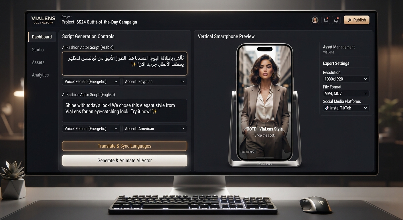 ViaLens UGC Factory workspace displaying AI fashion avatar script editor and short-form video mobile preview