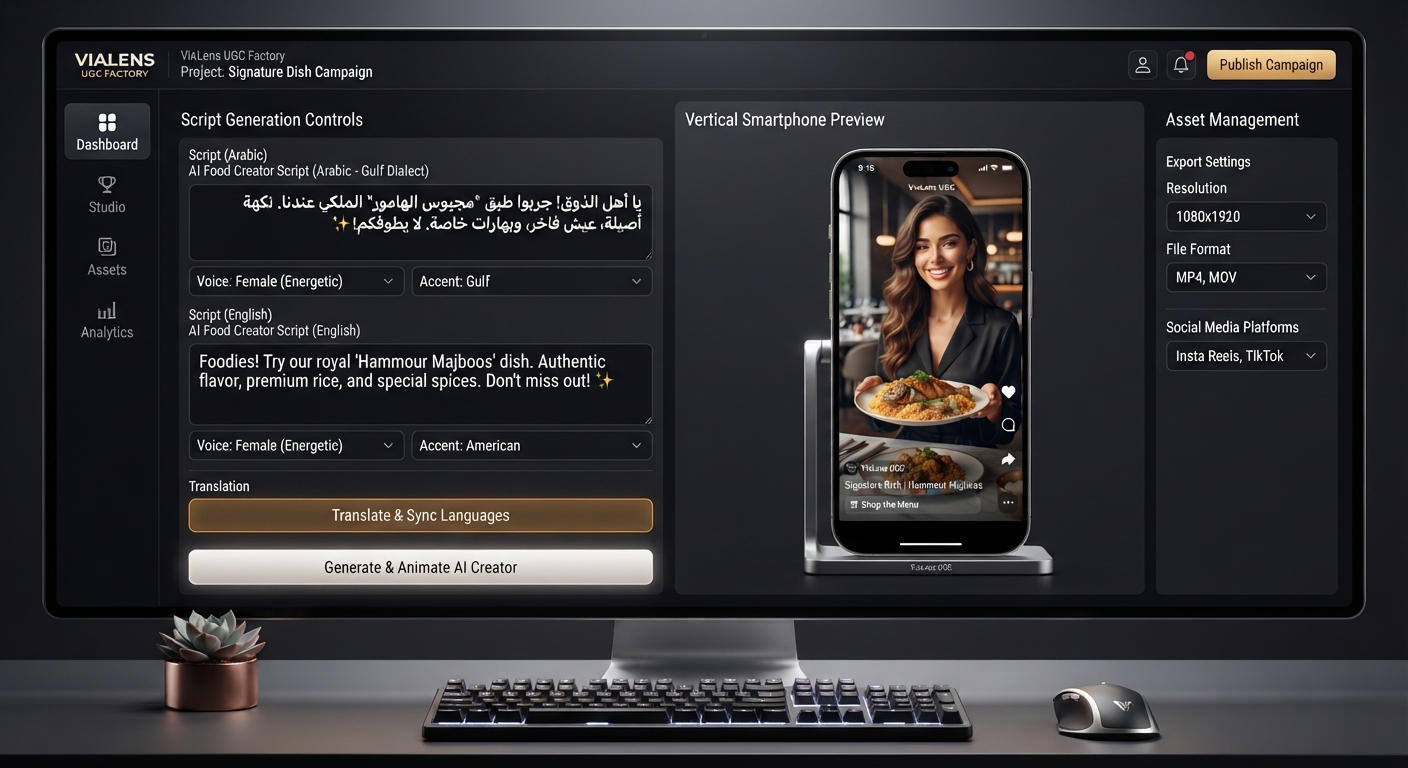 ViaLens UGC Factory workspace displaying AI food creator script editor, signature dish video controls, and mobile preview