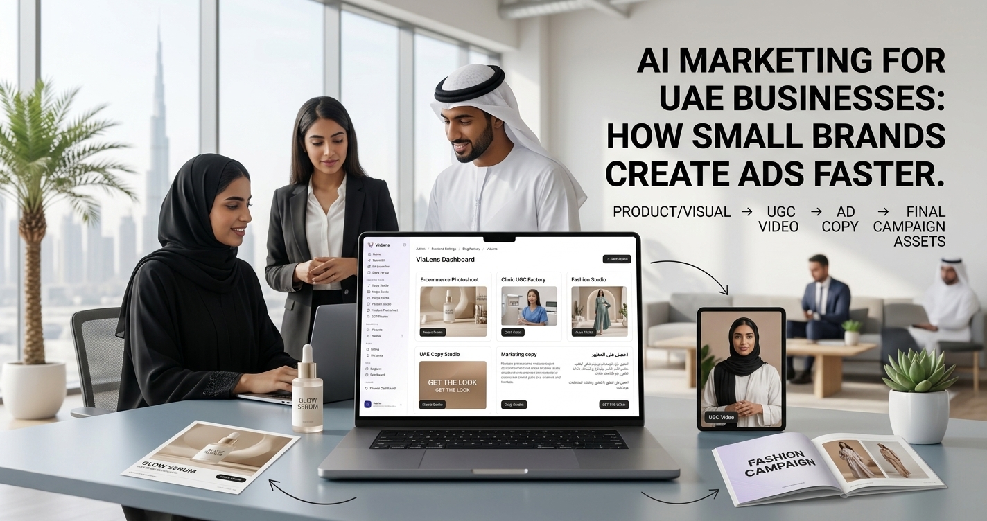 AI marketing tools for UAE businesses showing e-commerce, clinic, and fashion campaign examples in ViaLens