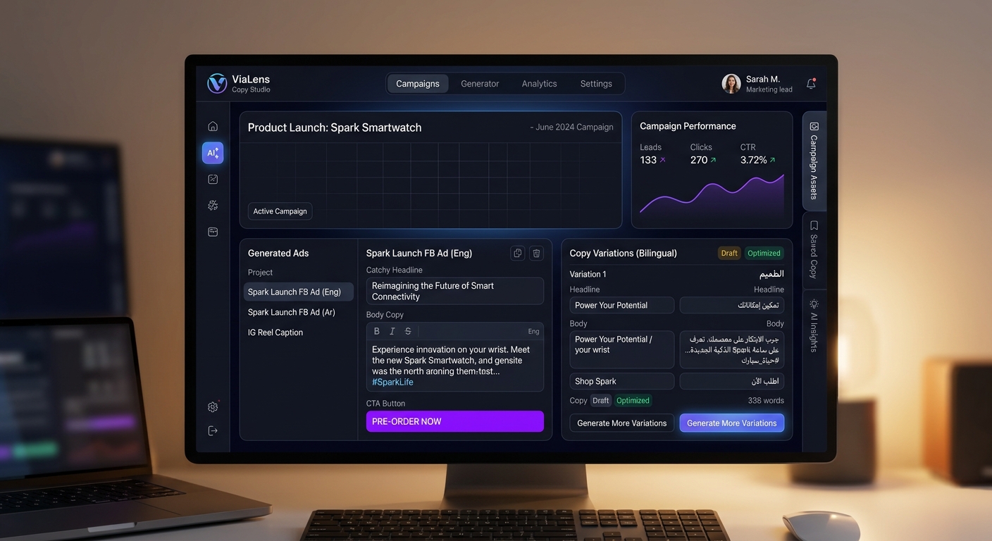 ViaLens Copy Studio interface generating high-converting AI marketing copy, ad headlines, and Arabic English campaign messages