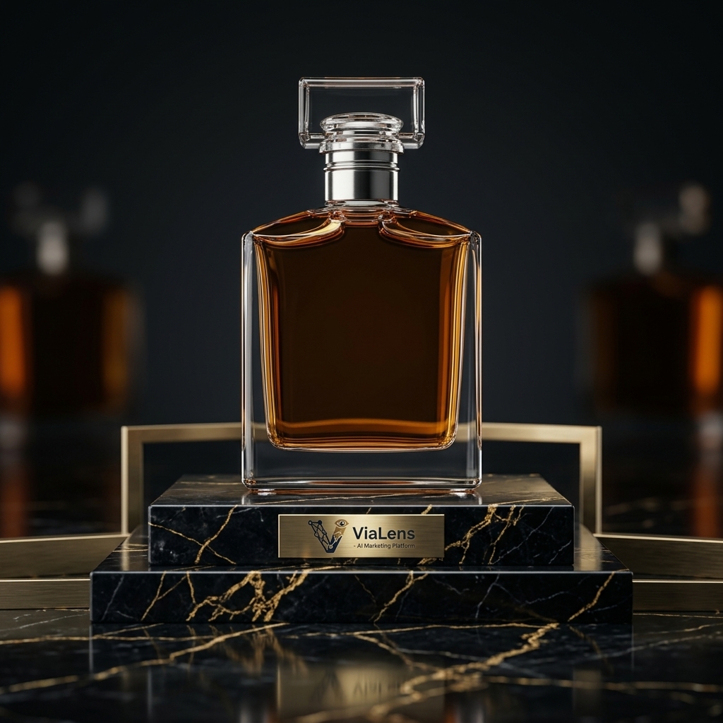 Luxury perfume bottle on black marble pedestal created with ViaLens Product Photoshoot